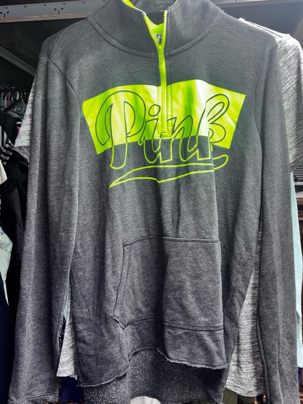 PINK Victoria's Secret Gray Half-Zip Hoodie with Neon Yellow Logo